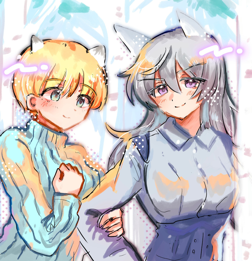 2girls, absurdres, animal_ears, artist_request, aurora_e._juutilainen, blonde_hair, blue_sweater, brave_witches