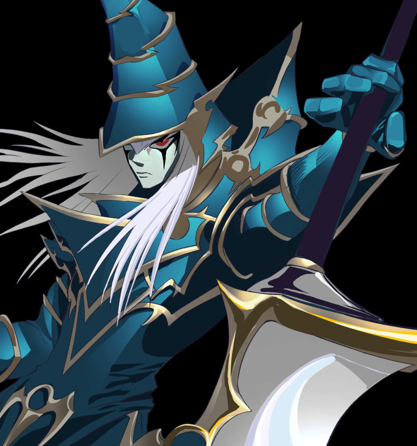 1boy, armor, black_background, blue_armor, blue_skin, colored_skin, dark_paladin, duel_monster