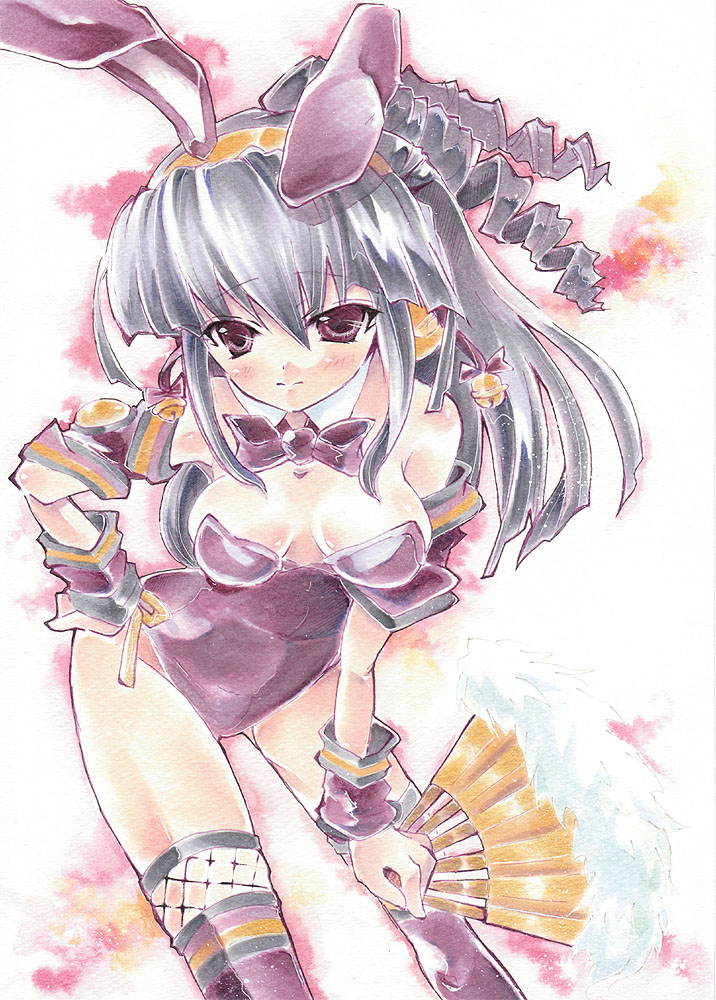 beatmania, beatmania_iidx, black_hair, bunny_ears, bunnysuit, color_ink_(medium), drill_hair, fan