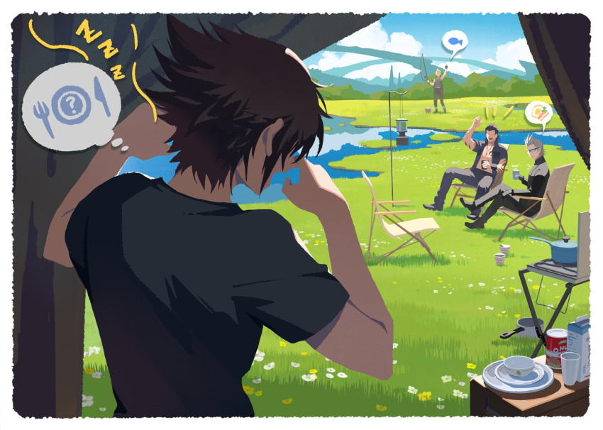 4boys, arm_up, black_hair, black_pants, black_shirt, blonde_hair, blue_sky, border