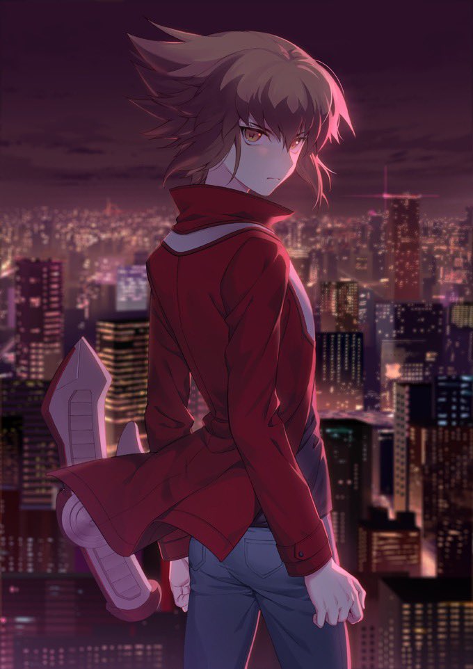 1boy, black_shirt, blue_pants, brown_eyes, brown_hair, building, city, cityscape