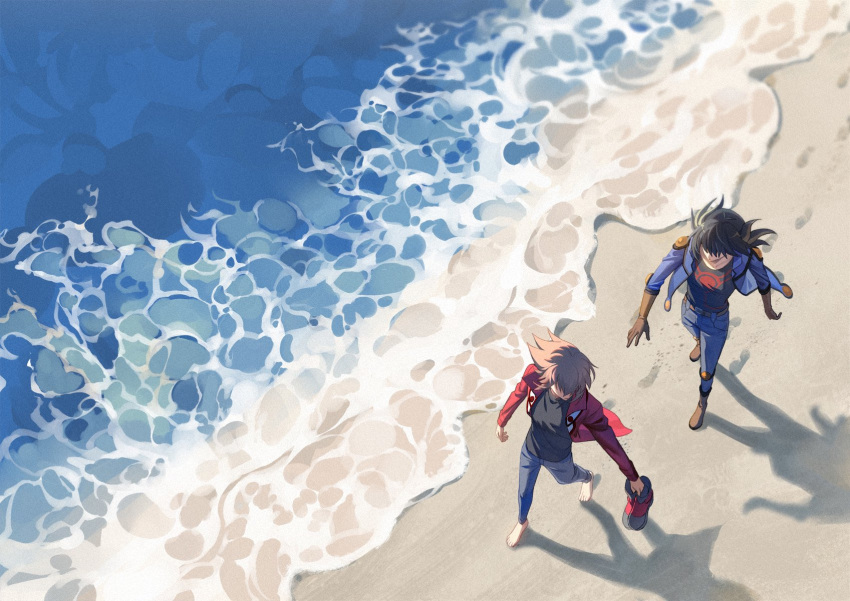 2boys, barefoot, beach, black_hair, black_shirt, blue_jacket, blue_pants, brown_gloves