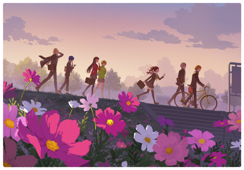 3boys, 4girls, amagi_yukiko, bag, bicycle, black_hair, black_jacket, black_pants, black_pantyhose, black_thighhighs, blonde_hair, blue_hair, brown_hair, clouds, commentary_request, evening, flower, from_side, grass, green_jacket, grey_hair, grey_skirt, hairband, hanamura_yousuke, hand_in_pocket, hat, highres, jacket, jacket_on_shoulders, kujikawa_rise, long_hair, long_sleeves, multiple_boys, multiple_girls, narukami_yuu, outdoors, pants, pantyhose, persona, persona_4, pink_flower, pleated_skirt, red_hairband, s_saremi, satonaka_chie, school_uniform, shirogane_naoto, short_hair, skirt, sky, stairs, tatsumi_kanji, thigh-highs, tree, walking, walking_bike, white_flower, yasogami_school_uniform
