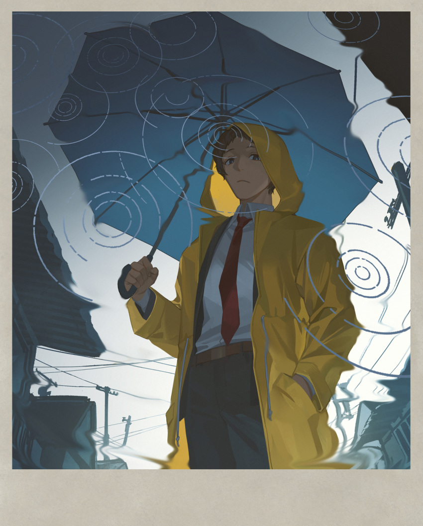 1boy, adachi_tooru, black_jacket, black_pants, border, building, closed_mouth, collared_shirt
