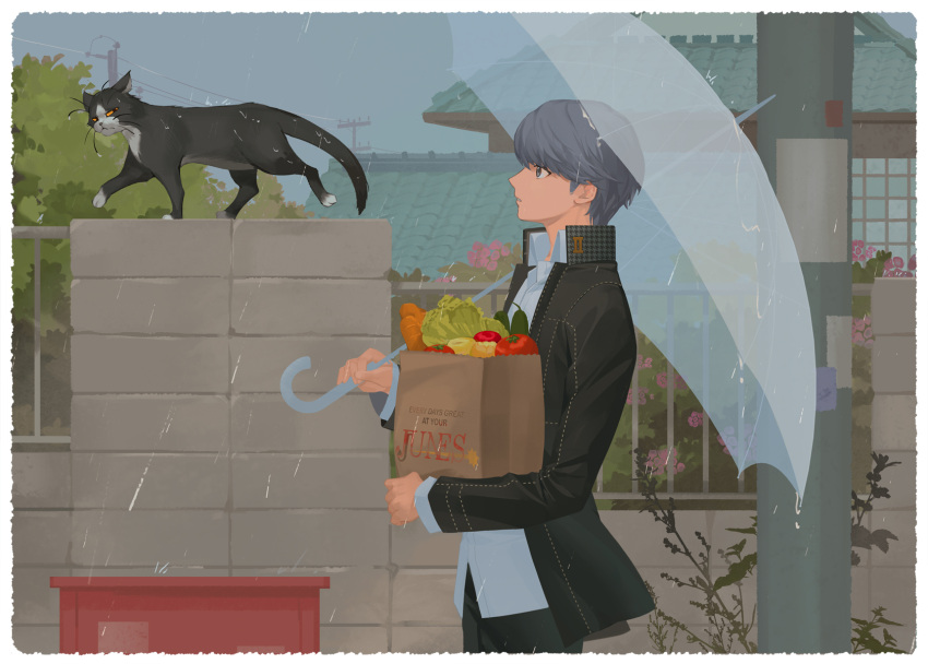 1boy, animal, bag, black_jacket, border, building, bush, carrot