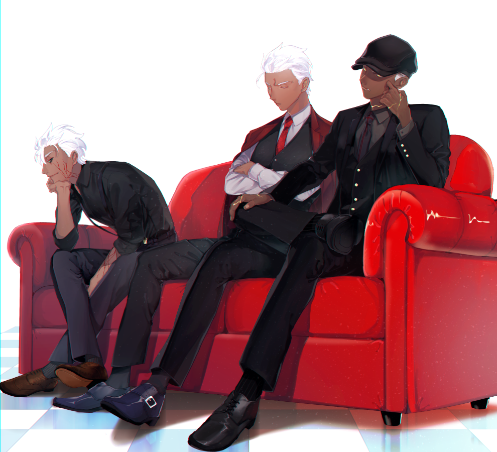 3boys, archer_(fate), archer_alter_(fate), black_hat, black_necktie, black_sclera, black_shirt, black_shoes