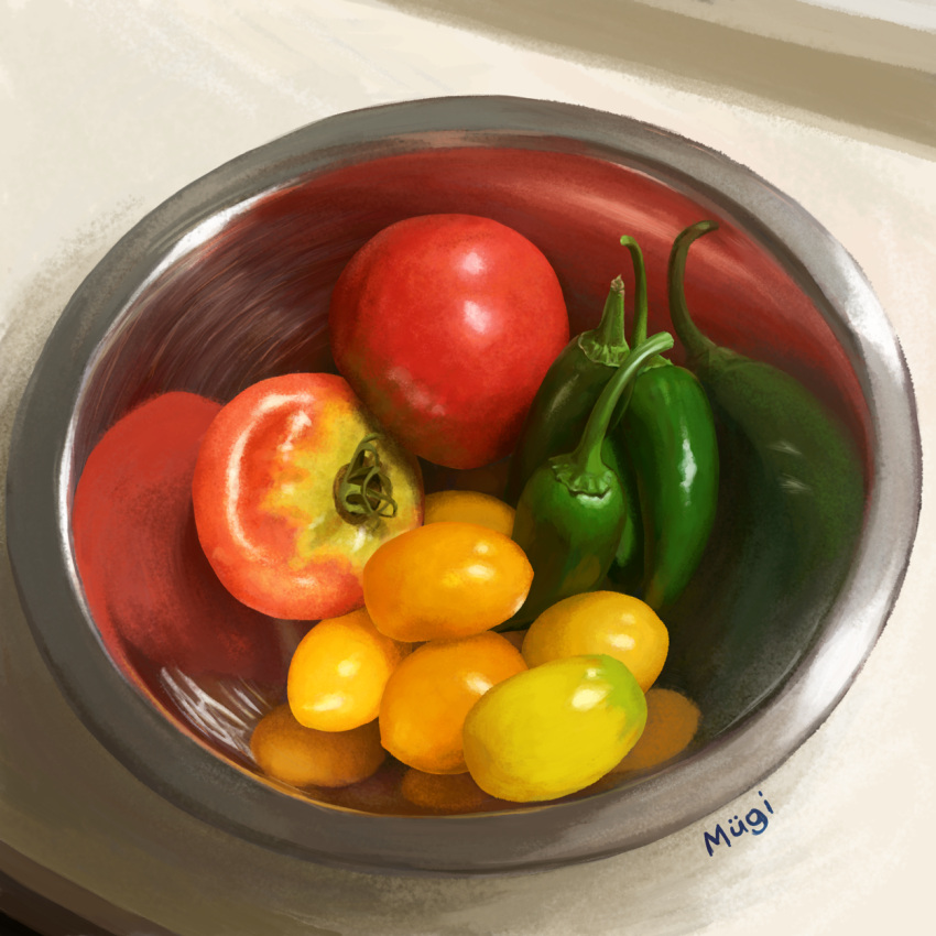 artist_name, bowl, cherry_tomato, chili_pepper, commentary_request, food, food_focus, fruit