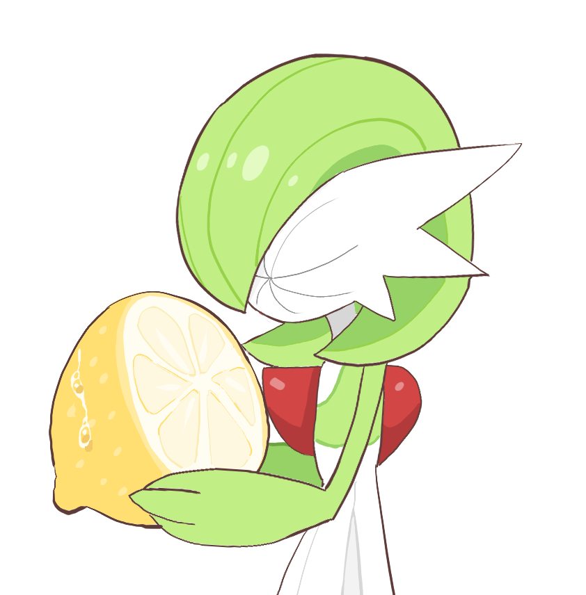 bob_cut, colored_skin, ddingyong, dress, food, fruit, gardevoir, green_hair, green_skin, lemon, meme, multicolored_skin, pokemon, pokemon_(creature), puckered_face, simple_background, thour_(meme), two-tone_skin, white_background, white_dress, white_skin