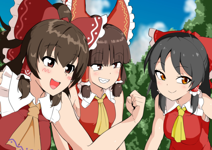 3girls, ascot, benikurage_(cookie), black_eyes, black_hair, blue_sky, blunt_bangs, blush