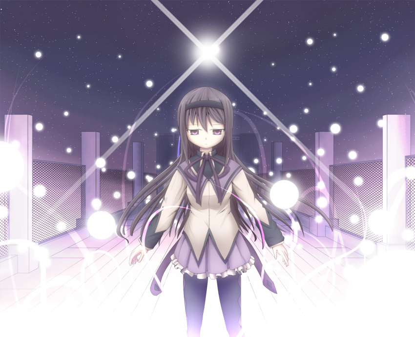 agent_(artist), agent_(ikuoikuo), akemi_homura, brown_hair, hairband, highres, lens_flare, light_particles, long_hair, magical_girl, mahou_shoujo_madoka_magica, night, night_sky, pantyhose, purple_eyes, sky, solo, star_(sky), violet_eyes