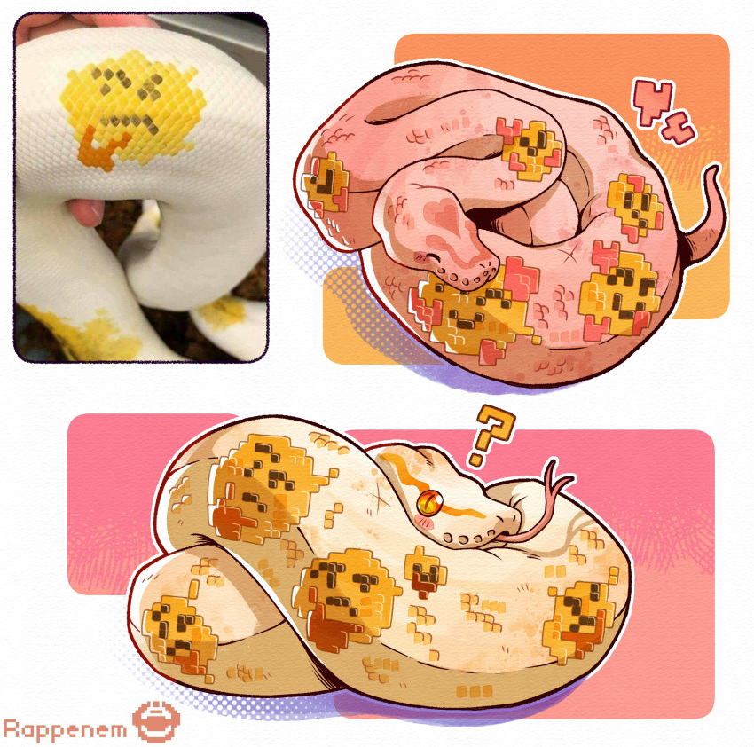 ?, absurdres, animal_focus, arrow_(symbol), artist_name, commentary, emoji, forked_tongue