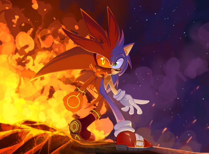 2boys, damnletyuchka, fire, furry, furry_male, green_eyes, looking_at_viewer, multiple_boys, silver_the_hedgehog, smoke, sonic_(series), sonic_the_hedgehog, sonic_the_hedgehog_(2006), standing, star_(sky), tagme, yellow_eyes