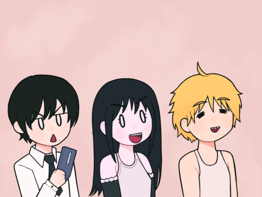 0_0, 1girl, 2boys, =_=, ahoge, black_necktie, bubblemunne, cellphone
