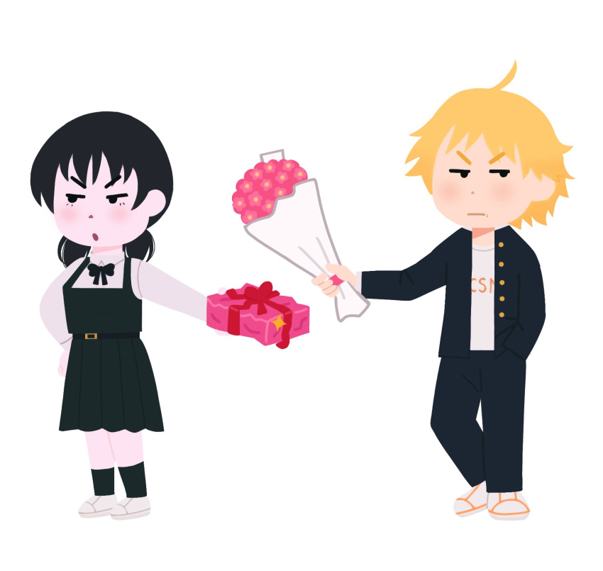 1boy, 1girl, black_dress, black_hair, blonde_hair, bouquet, bubblemunne, chainsaw_man