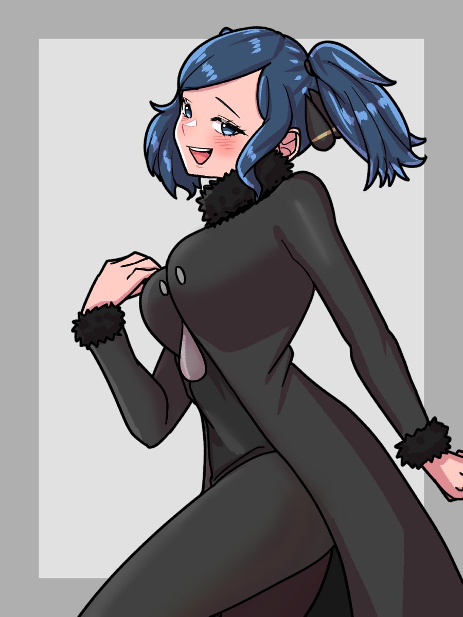 1girl, :d, black_coat, black_pants, blue_eyes, blue_hair, blush, coat
