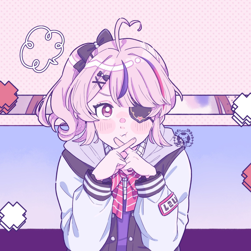 1girl, :i, ahoge, artist_name, blush, bow, crossed_fingers, hair_bow, heart, heart_ahoge, highres, jacket, looking_at_viewer, maria_marionette, multicolored_hair, nijisanji, nijisanji_en, pink_eyes, pink_hair, pout, school_uniform, side_ponytail, signature, solo, streaked_hair, tialiani5, virtual_youtuber, x