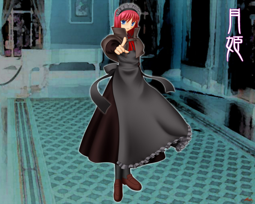 1girl, blue_eyes, bow, bowtie, brainwasher_detective, closed_mouth, coat, copyright_name, detective, dress, expressionless, hisui_(tsukihime), long_sleeves, looking_at_viewer, maid, maid_headdress, melty_blood, photo_background, pointing, red_hair, ribbon, shin_(shinobu40), solo, takeuchi_takashi_(style), tsukihime, type-moon
