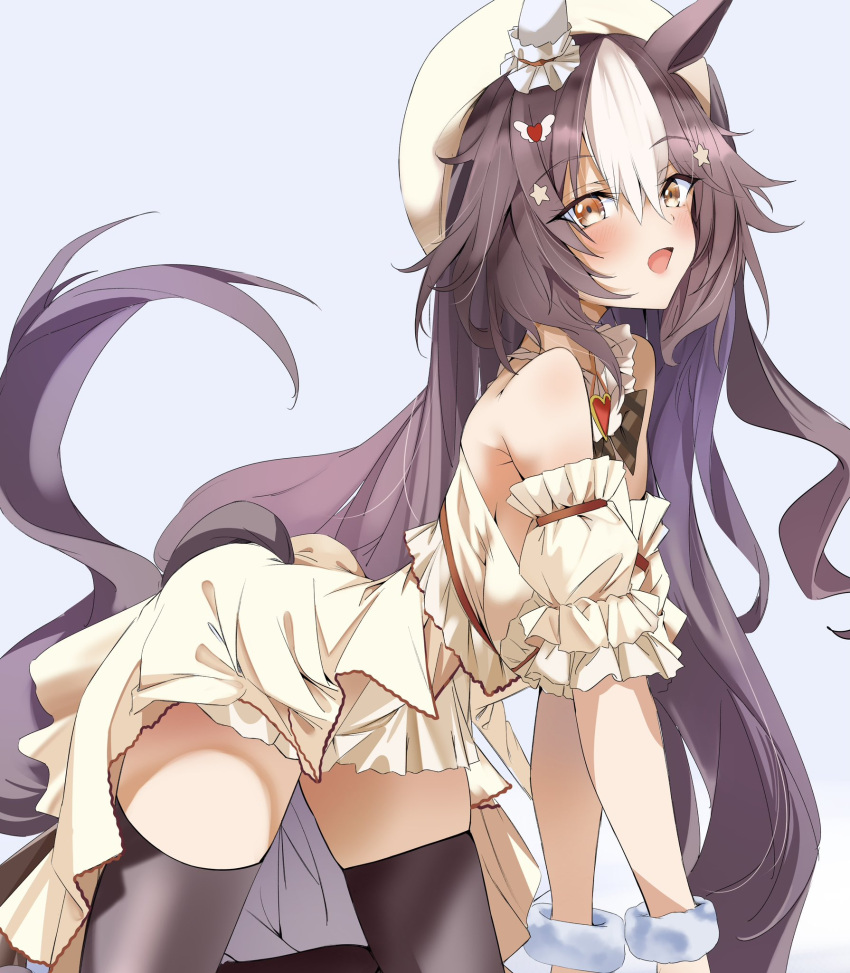 1girl, alternate_hairstyle, animal_ears, bent_over, beret, blush, breasts, brown_eyes
