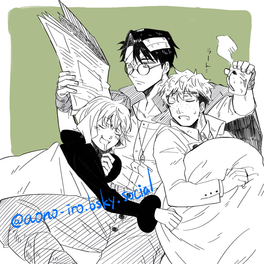 1girl, 2boys, aono-iro, bandage_over_one_eye, bluesky_username, cup, drunk_bullet, freckles