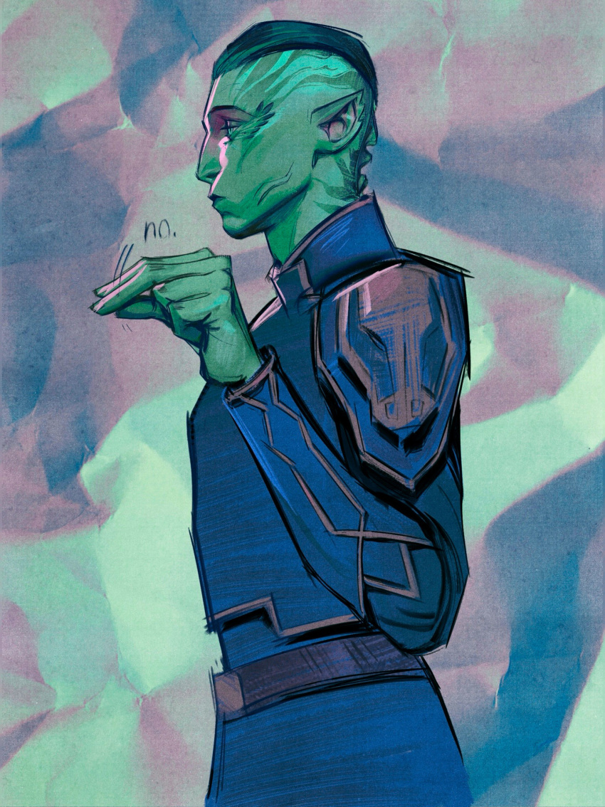 1boy, arcane:_league_of_legends, black_hair, blue_shirt, colored_skin, english_commentary, green446004, green_eyes