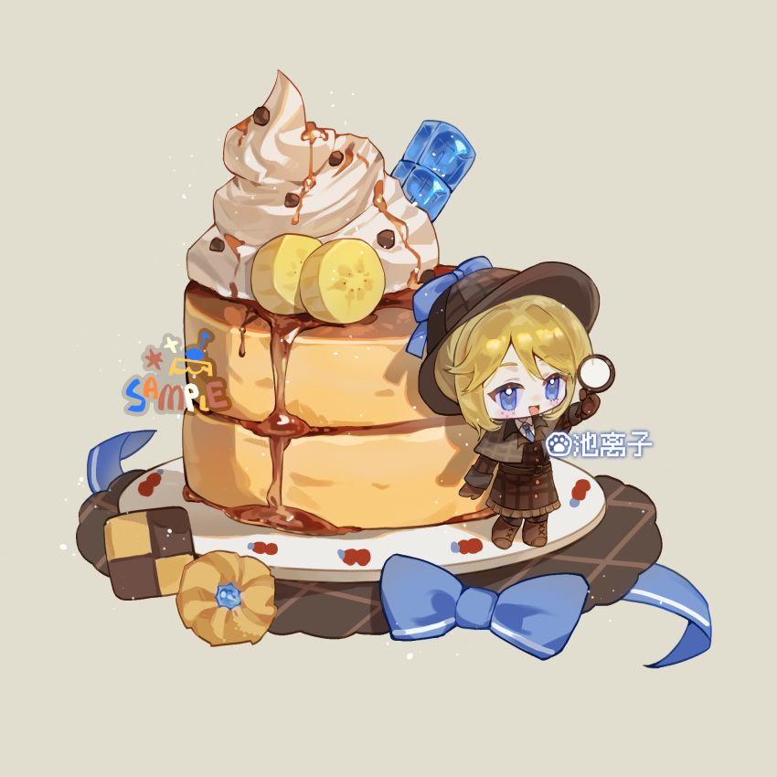 1girl, :d, artist_name, banana, banana_slice, blonde_hair, blue_bow, blue_eyes