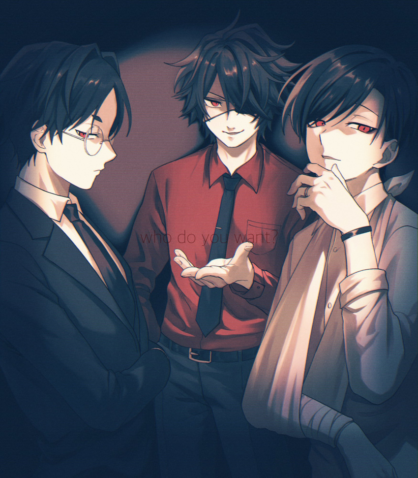 3boys, aomi_(ooe), ariake_(ooe), arm_sling, bandaged_arm, bandages, belt, black_gloves