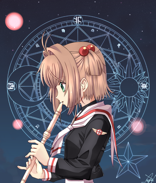 brown_hair, card_captor_sakura, cardcaptor_sakura, child, dodecagram, green_eyes, instrument, kinomoto_sakura