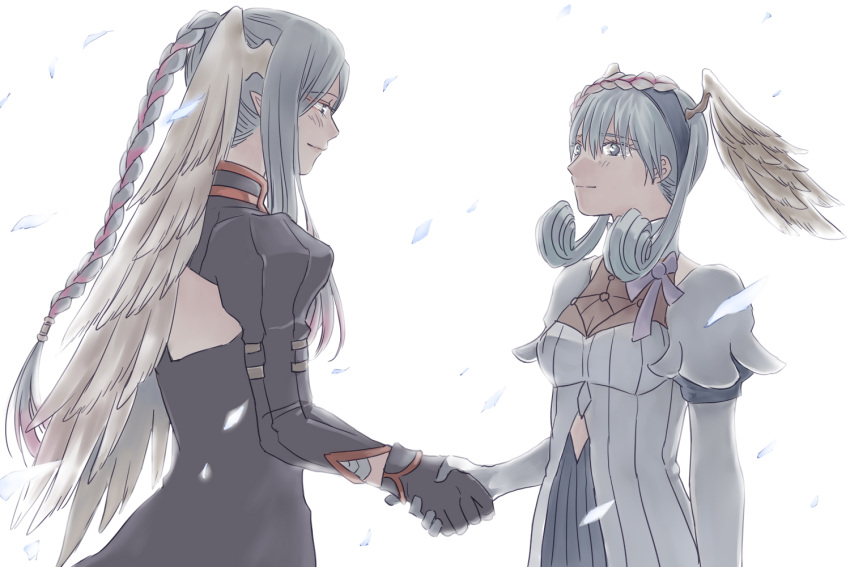 2girls, braid, braided_ponytail, breasts, closed_mouth, commentary_request, curly_hair, eye_contact