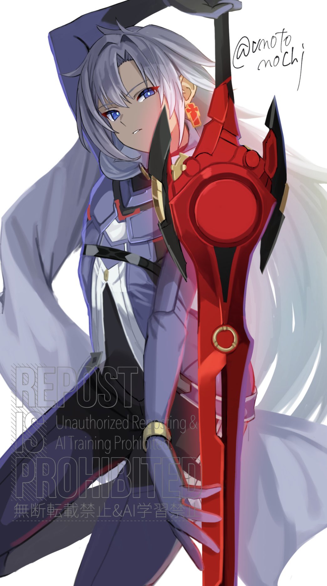 1girl, a_(xenoblade), armored_bodysuit, artist_name, blue_eyes, bright_pupils, grey_hair, highres