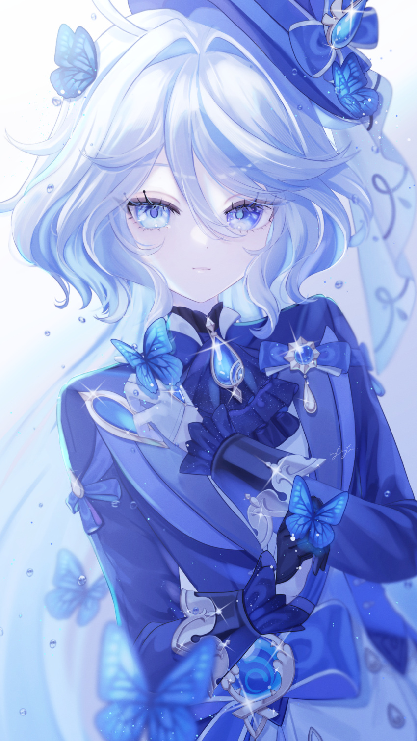 1girl, absurdres, air_bubble, anninufufu, ascot, asymmetrical_gloves, black_gloves, blue_eyes