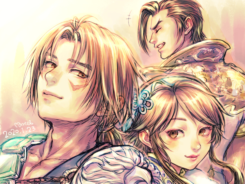 1girl, 2boys, ^_^, artist_name, brown_eyes, brown_hair, chai_xianghua, closed_eyes