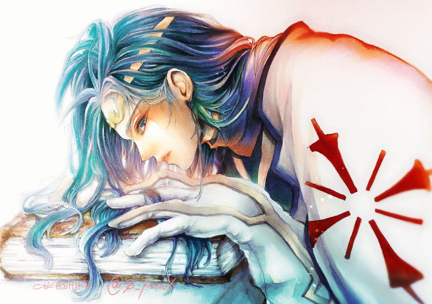 1boy, androgynous, artist_name, blue_eyes, blue_hair, book, circlet, commentary_request