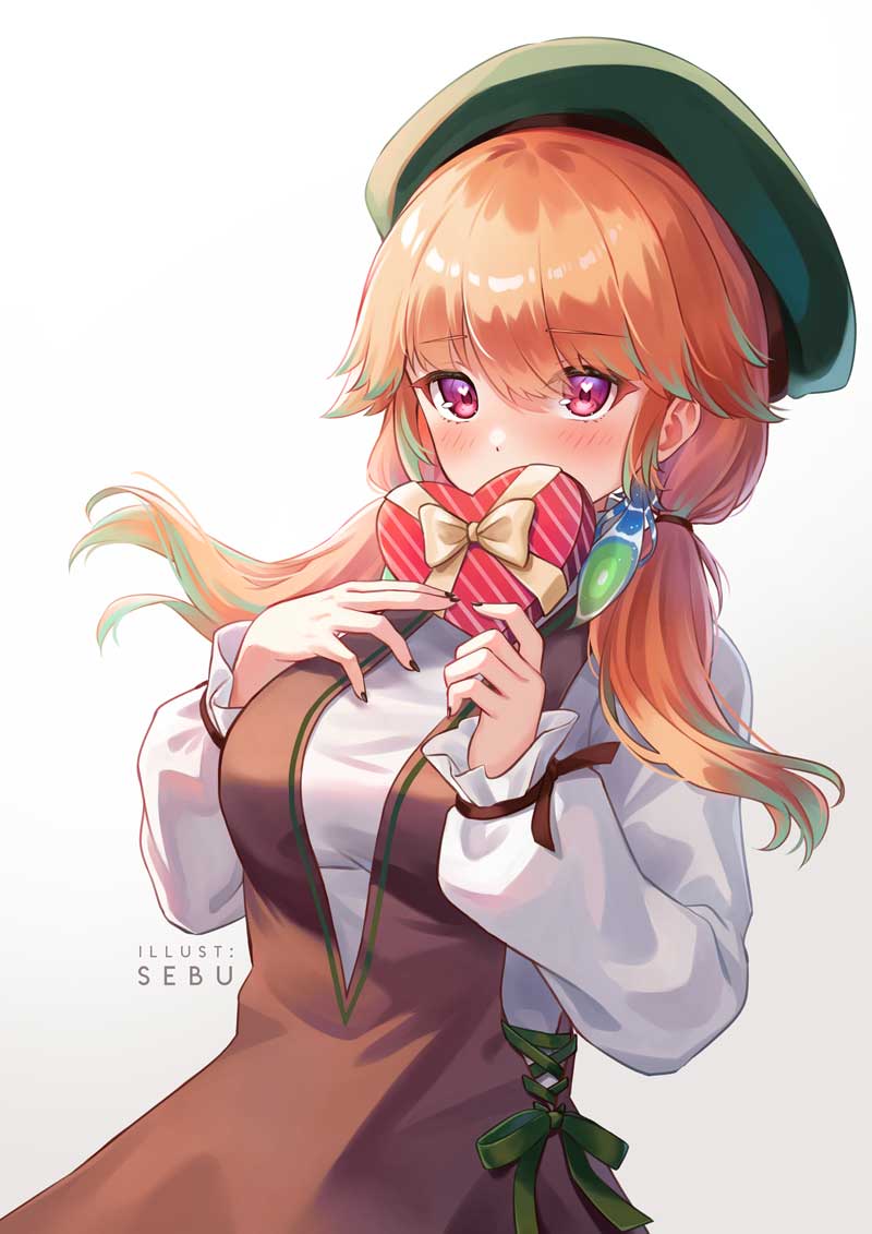 1girl, beret, black_nails, blush, box, box_of_chocolates, breasts, brown_dress
