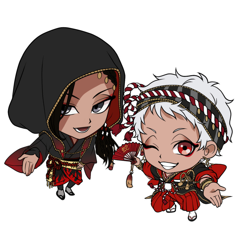 2boys, absurdres, black_kimono, bracelet, character_request, chibi, dark-skinned_male, dark_skin