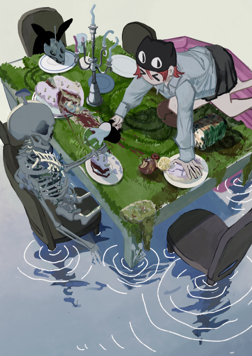 >_<, 1girl, absurdres, all_fours, animal_ear_headwear, animal_skull, broken_plate, candlestand