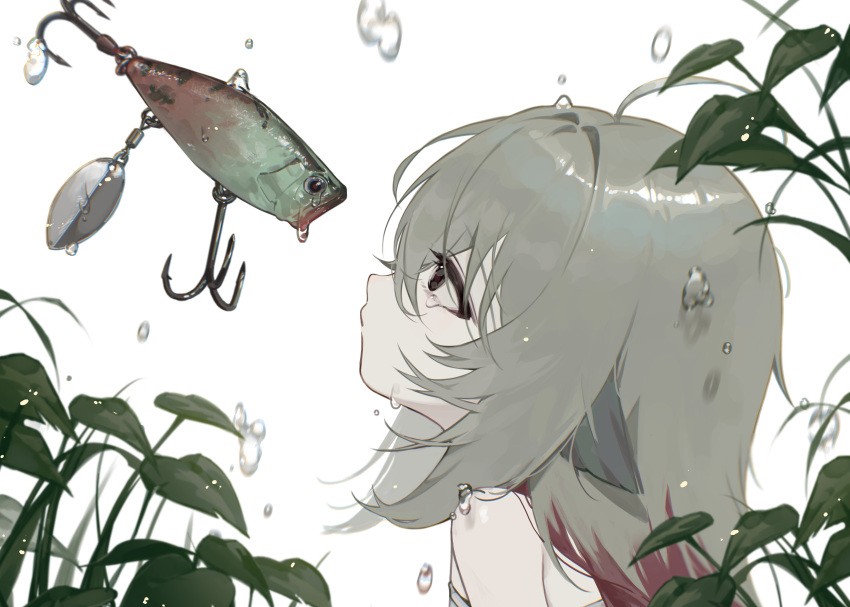 1girl, absurdres, ahoge, bare_shoulders, crying, crying_with_eyes_open, fishing_bobber, fishing_hook