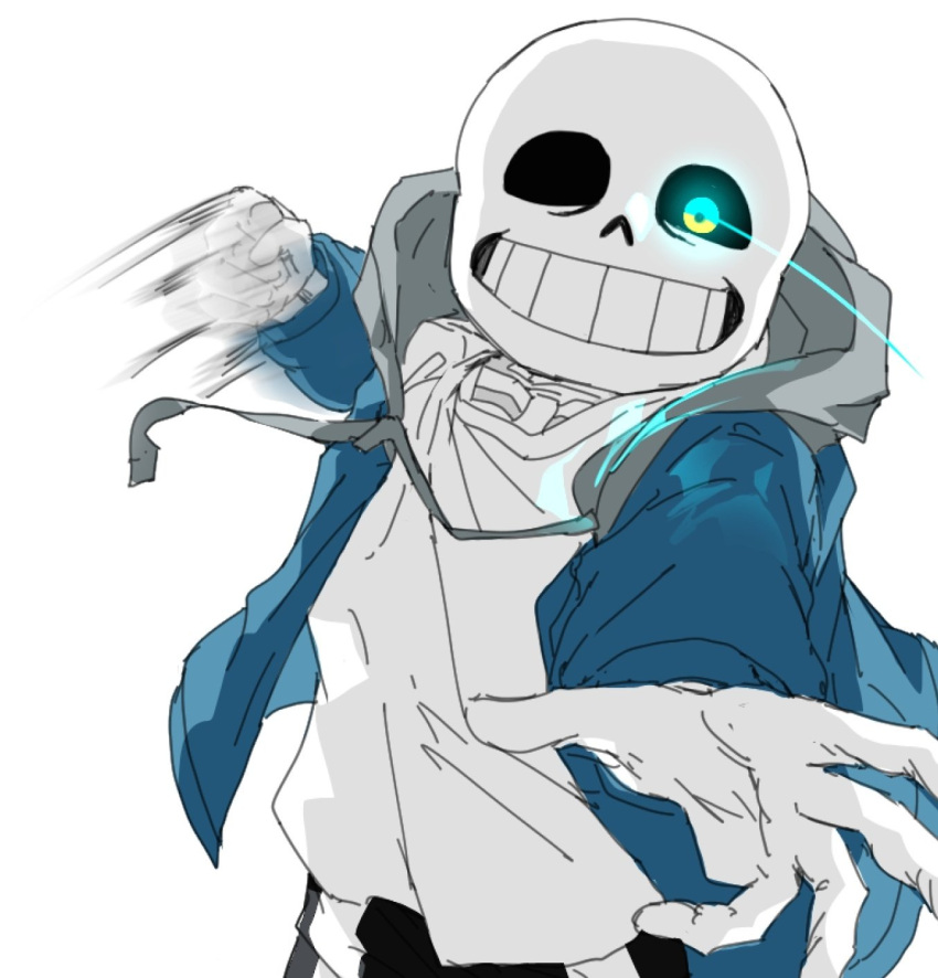 1boy, black_sclera, black_shorts, blue_jacket, colored_sclera, cowboy_shot, drawstring, grin