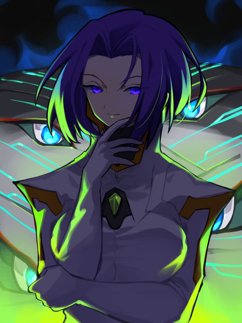 1girl, asagi1111, blue_eyes, breasts, closed_mouth, commentary_request, commission, deus_(xenogears), gem, green_gemstone, highres, large_breasts, looking_at_viewer, miang_hawwa, monster, purple_hair, scene_reference, short_hair, smile, smug, standing, too_many_eyes, violet_eyes, xenogears