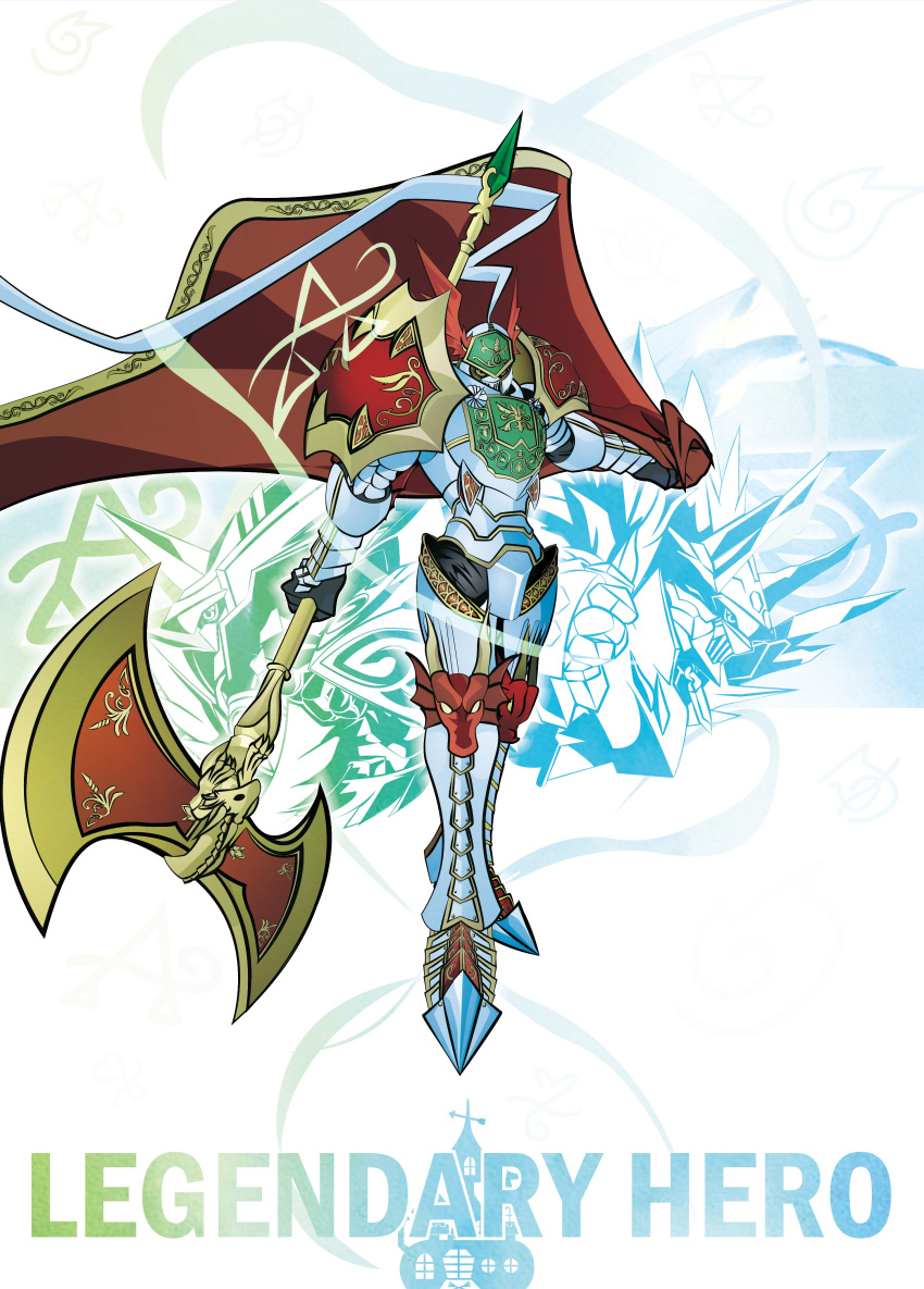 absurdres, armor, bardiche_(weapon), cape, digimon, digimon_(creature), english_text, full_body