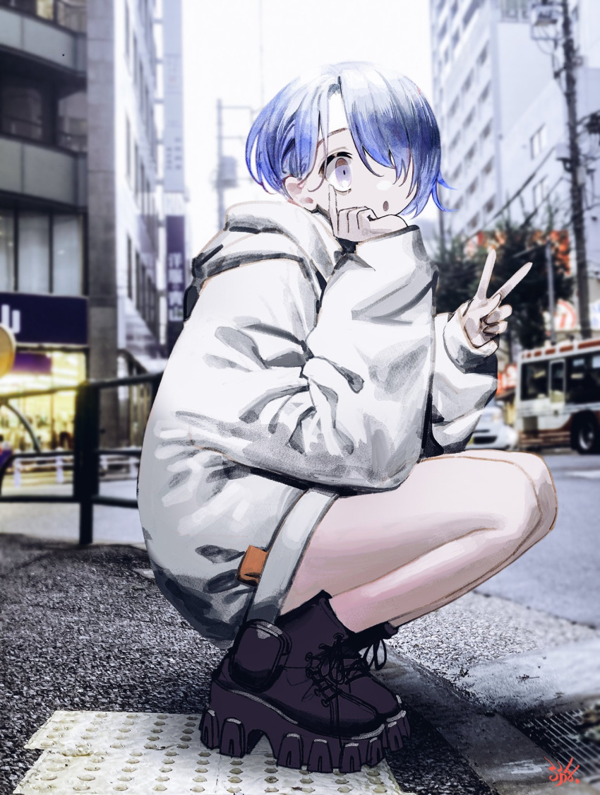 1girl, bad_id, bad_twitter_id, black_shoes, blue_eyes, blue_hair, blurry, blurry_background