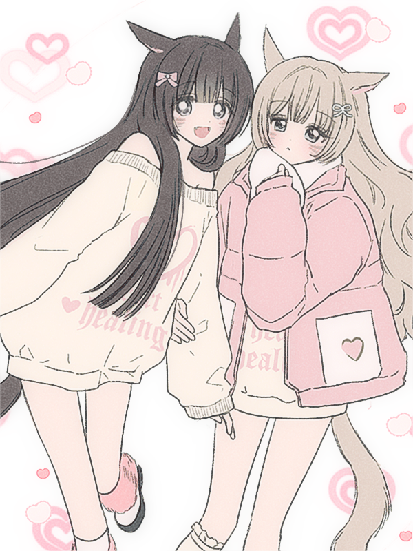 2girls, animal_ears, blonde_hair, brown_hair, cat_ears, cat_girl, cat_tail, heart, himekaji, jacket, long_hair, looking_at_viewer, multiple_girls, open_clothes, open_jacket, open_mouth, original, pink_jacket, pink_socks, scarf, shoes, simple_background, smile, socks, suzi_(s2uzr), sweater, tail, white_background, white_scarf, white_socks, white_sweater