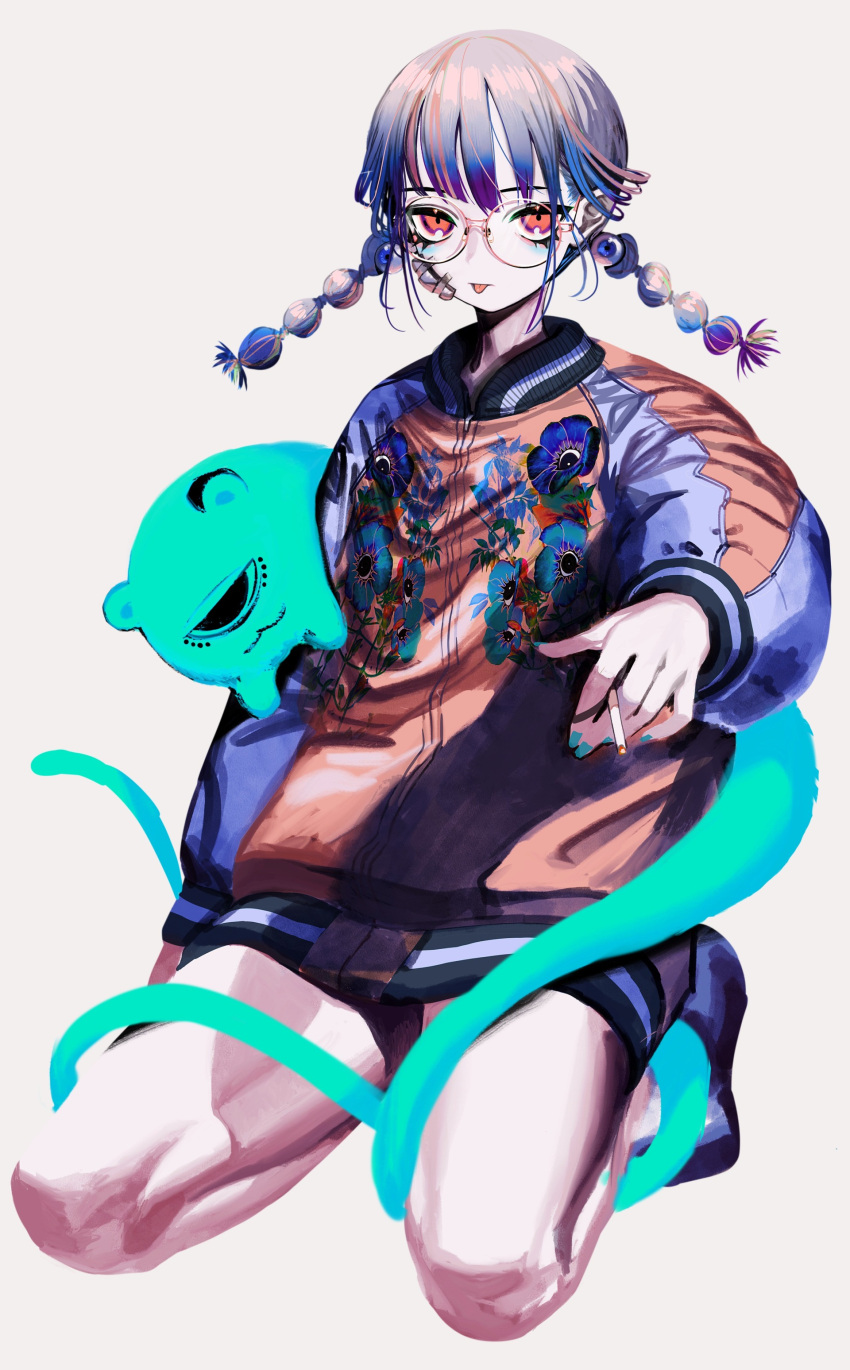 1girl, absurdres, blue_hair, blue_nails, blunt_bangs, braid, cigarette, closed_mouth