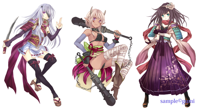 aqua_eyes, armor, bad_id, bandage, bandages, bikini_top, black_hair, black_legwear
