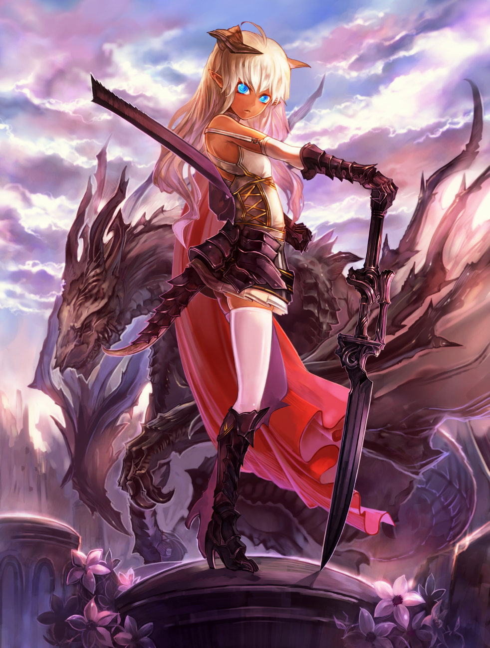 1girl, blonde_hair, blue_eyes, dragon, dragon_girl, flower, gauntlets, highres