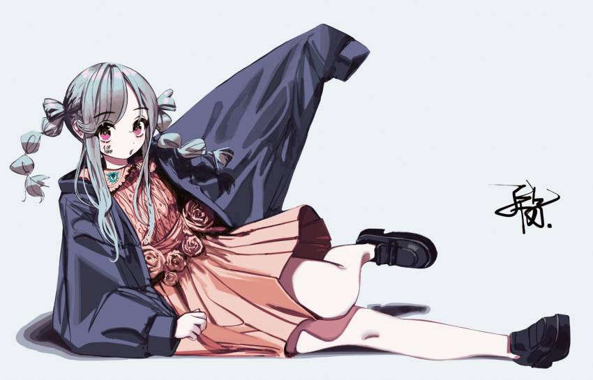 1girl, arm_up, bad_id, bad_twitter_id, black_jacket, black_shoes, collared_dress, dress