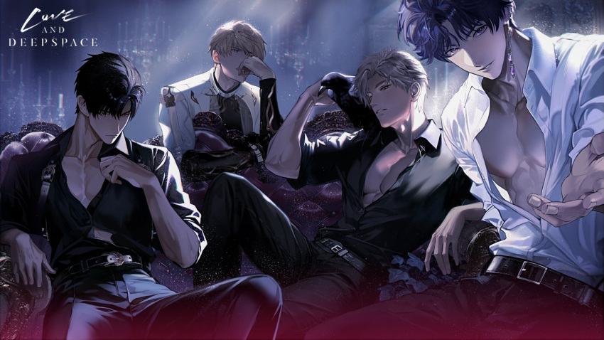 4boys, adjusting_clothes, angye_fdez, animal_on_shoulder, arm_guards, arm_rest, beckoning, belt