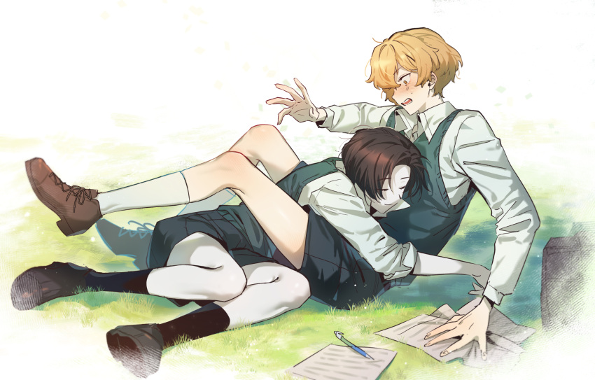 2boys, black_socks, blonde_hair, blush, brown_hair, closed_eyes, collared_shirt, demian_(project_moon), highres, hsh7955, hug, limbus_company, lying_on_person, male_focus, multiple_boys, on_grass, on_ground, outdoors, project_moon, school_uniform, shirt, shorts, sinclair_(project_moon), smile, socks, surprised, sweater_vest, white_socks, yellow_eyes