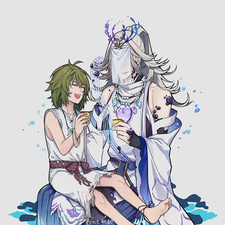 1boy, 1girl, :d, ^_^, air_bubble, anklet, azumi-no-isora_(fate), bare_shoulders