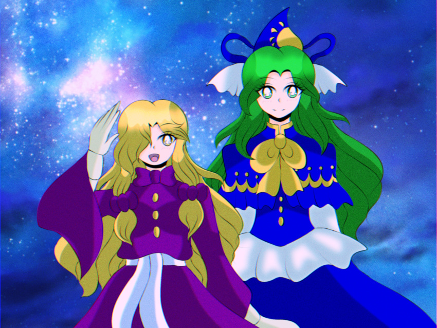 1990s_(style), blonde_hair, dress, green_eyes, green_hair, highres, kirisame_marisa, kirisame_marisa_(pc-98)