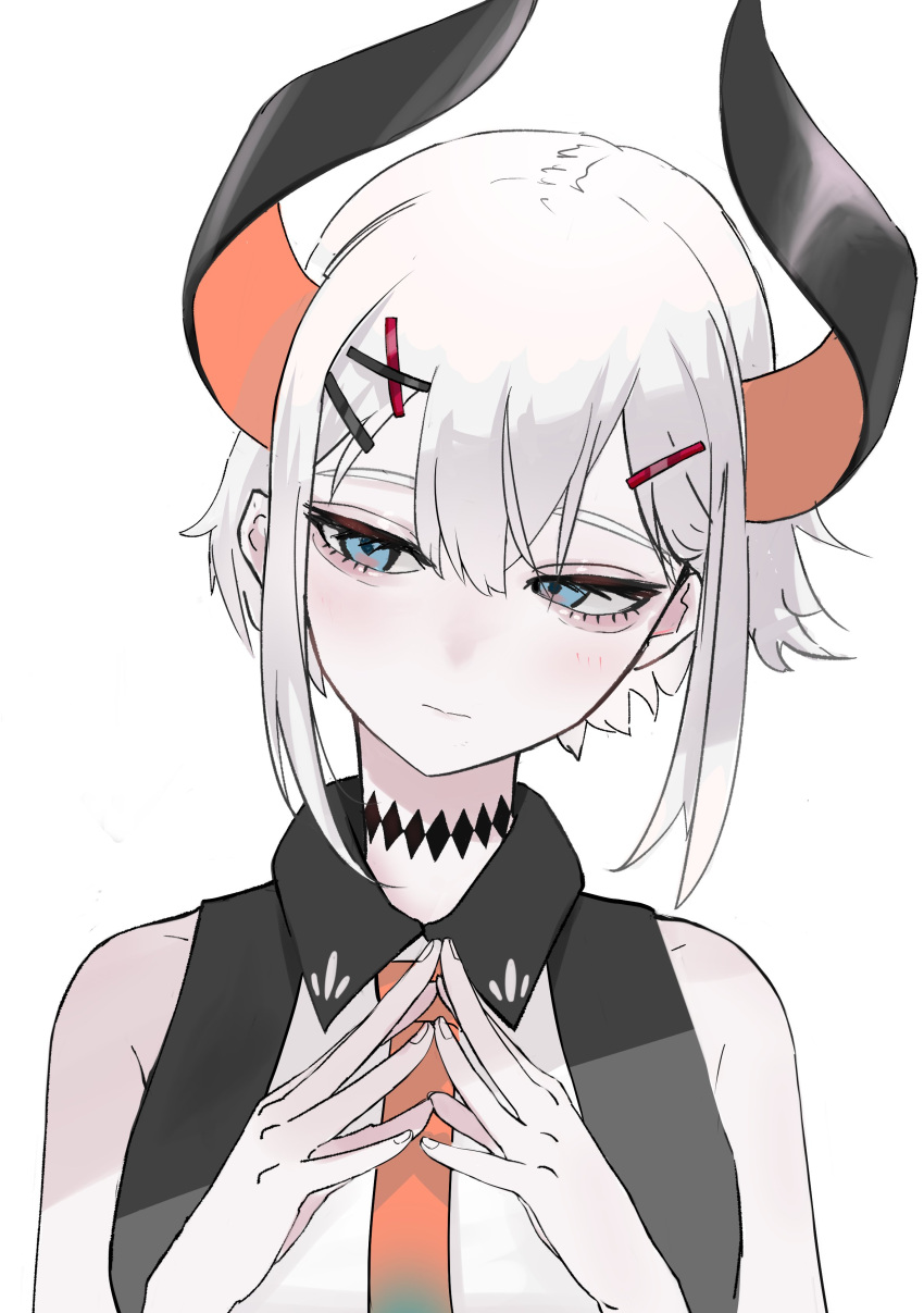 1girl, absurdres, aqua_eyes, bare_shoulders, black_horns, blue_necktie, closed_mouth, hair_ornament